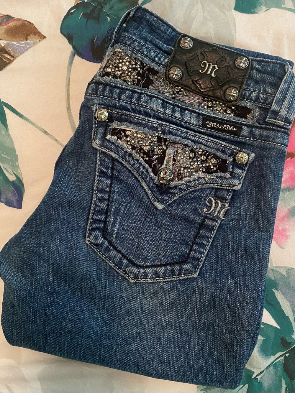 Miss Me Dark Blue Bootcut Jeans with Embellished Back Pockets